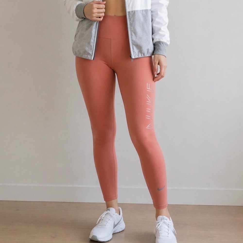 Nike Dri-FIT High Waisted Leggings XL Terracotta Coral Silver Graphic‎ Tights